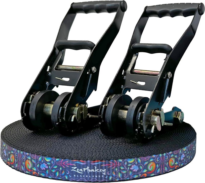 ZenMonkey Slacklines ZenMonkey 1" Slackline Kit with Dual Ratchet System, Two-Tone Webbing, 82ft Length, Tree Protectors and Carry Bag - Image 2